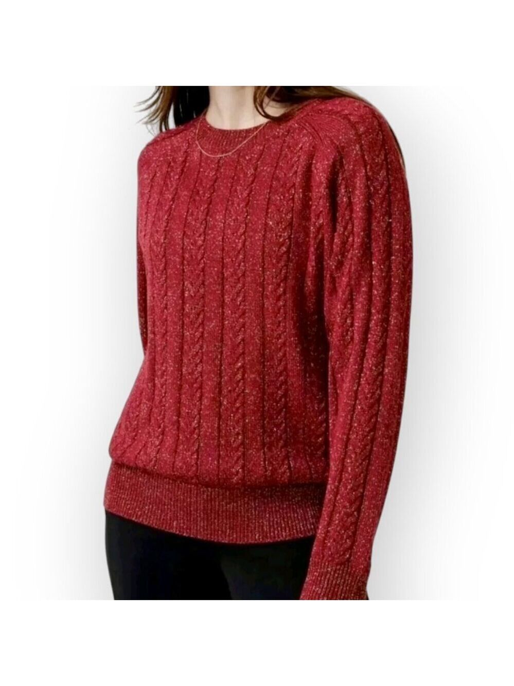 Athleta Red Silver Metallic Sparkle Cable Knit Sweater XS
